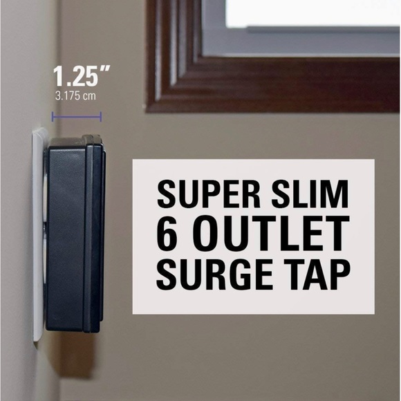 Black On-Wall Low Profile 1080J Fireproof Surge Protector 6 AC Outlets Extender. - Picture 5 of 7